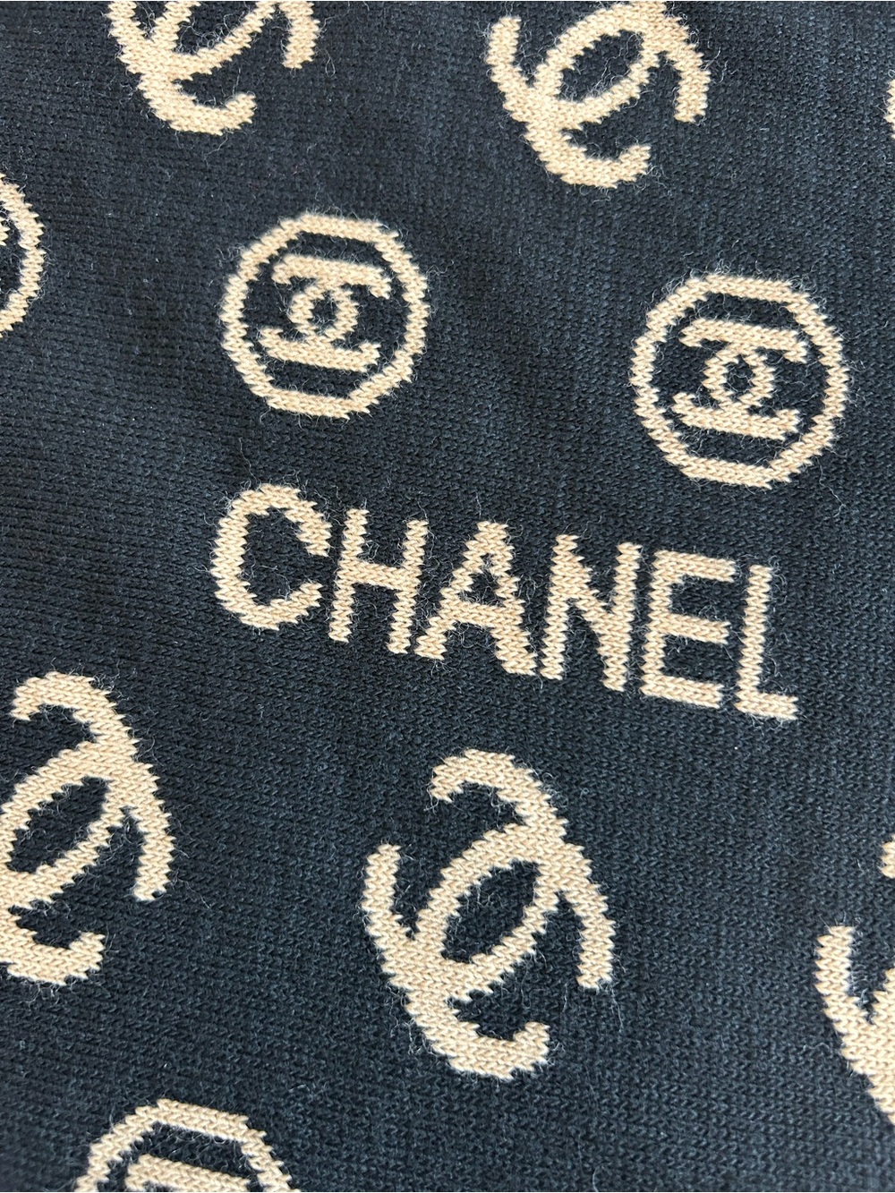 CHANEL Black and Cream Logo Knit Scarf